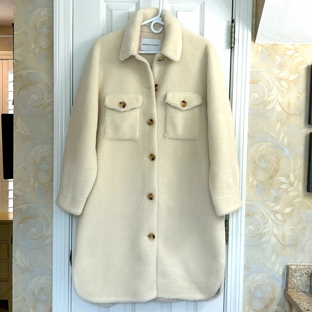 Rebecca Minkoff Faux Sherpa Long Coat with Tortoise Button Closure. EUC
